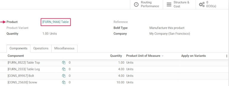 Bill of materials creation screen.
