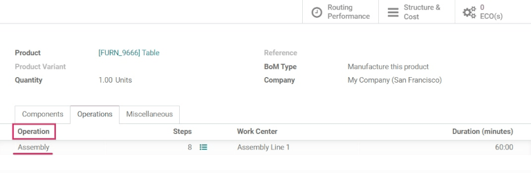An example of a Bill of Materials operation and the steps creation tab.
