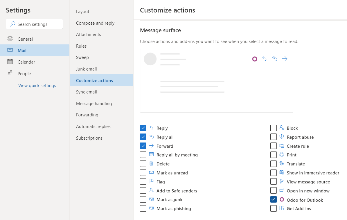 add Odoo for Outlook extension as a default action in the message surface