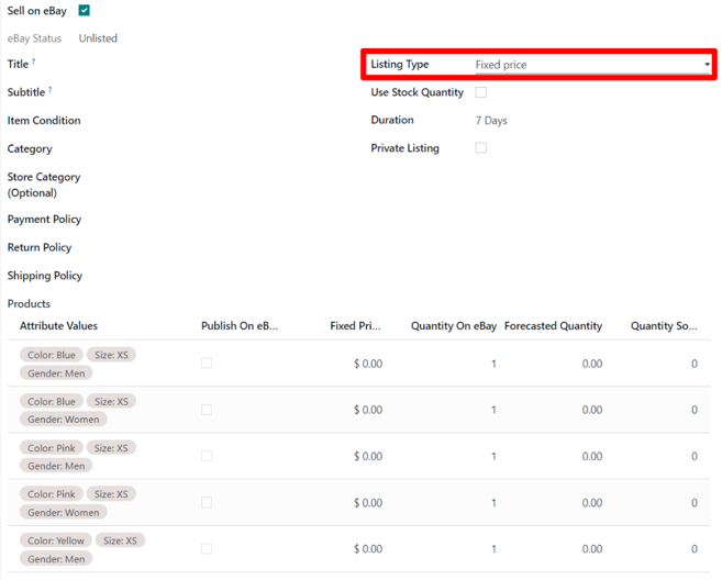 El tipo de anuncio de precio fijo en la pestaña de eBay en un formulario de producto en la aplicación Ventas de Odoo.