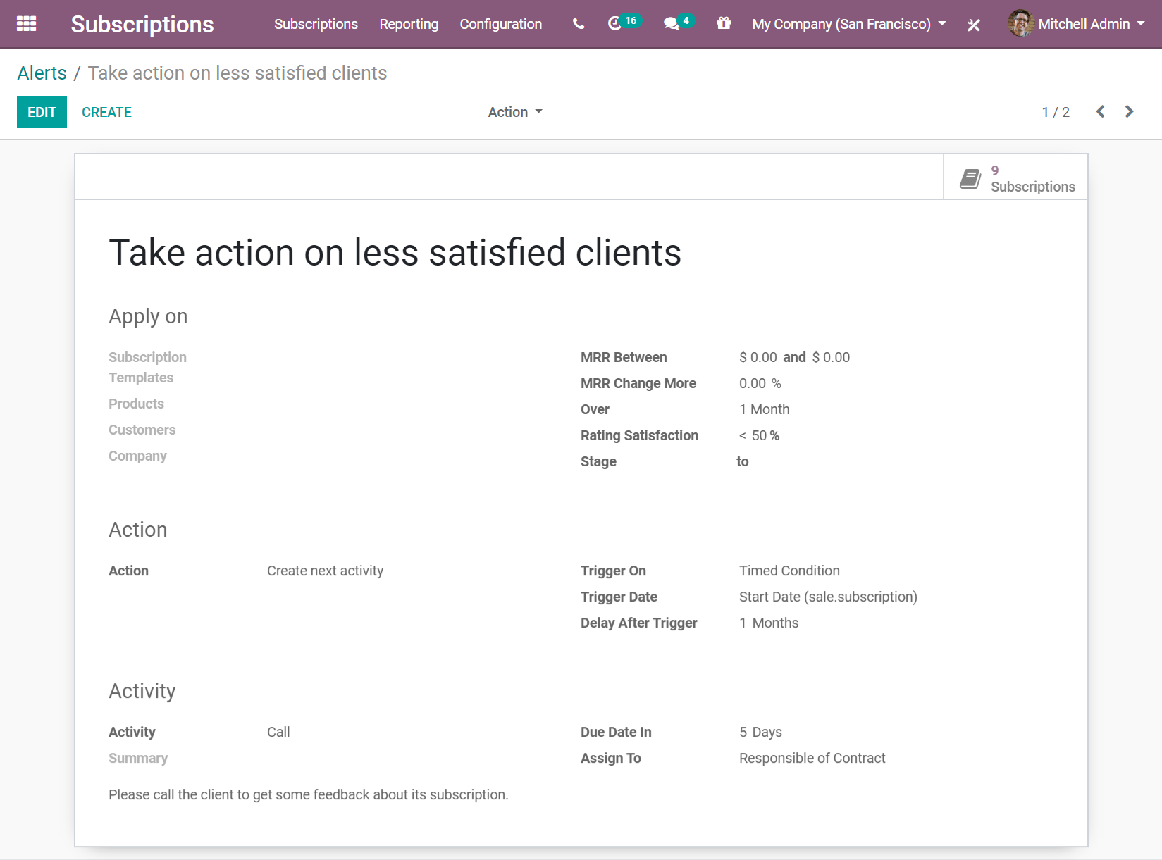 Modificar una alerta automática en Suscripciones de Odoo 