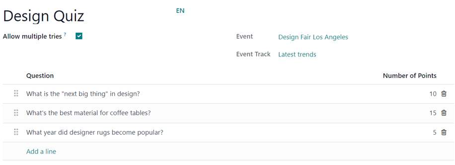 La página "Agregar prueba" para una sesión de evento en la aplicación Eventos de Odoo.