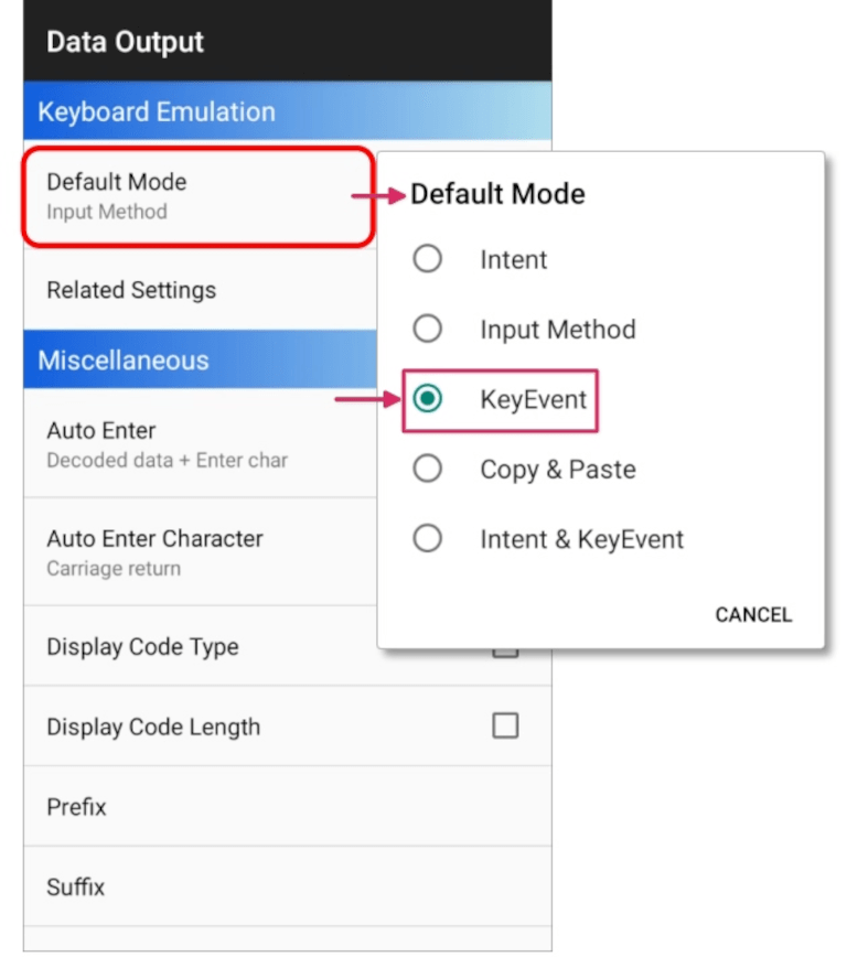 Ajustes de emulación de teclado del escáner Cipherlab.
