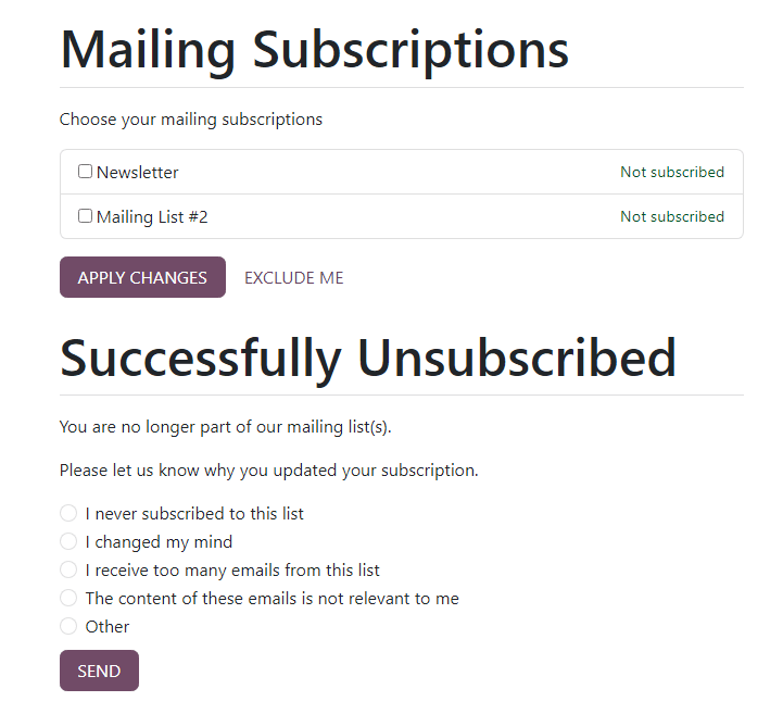 La página de suscripciones al correo que aparece cuando se hace clic en el enlace "cancelar suscripción".