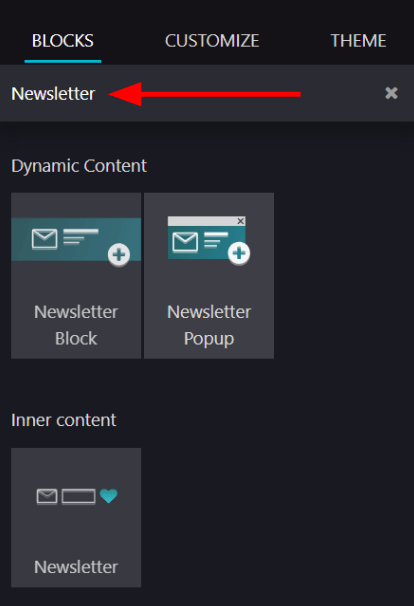 Vista de qué tan rápido puede encontrar los bloques de boletín en la aplicación Sitio web de Odoo.  