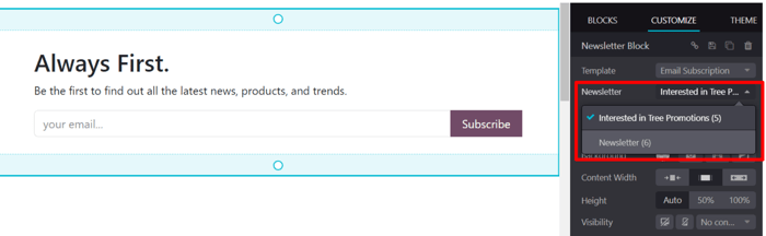 El menú desplegable del boletín informativo en la barra lateral para personalizar que aparece en la aplicación Sitio web de Odoo.