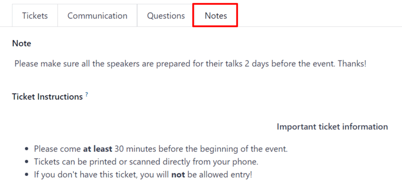 Una pestaña de notas común en un formulario de evento en la aplicación Eventos de Odoo.