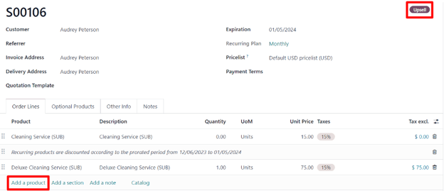Agregar productos a su suscripción a través de la opción de venta adicional en la aplicación Suscripciones de Odoo.