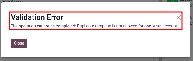 Imagen de un error de usuario en Odoo cuando existe una plantilla duplicada