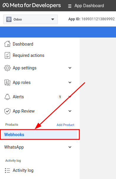 Navegación manual a la configuración de los webhooks de WhatsApp. 