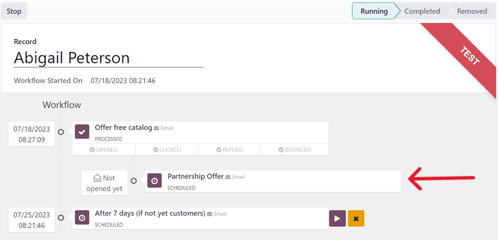 Progreso de prueba del flujo de trabajo en la aplicación Automatización de marketing de Odoo.