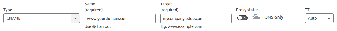 Agregar un registro DNS CNAME a Cloudflare para redirigir un subdominio www a una base de datos de Odoo