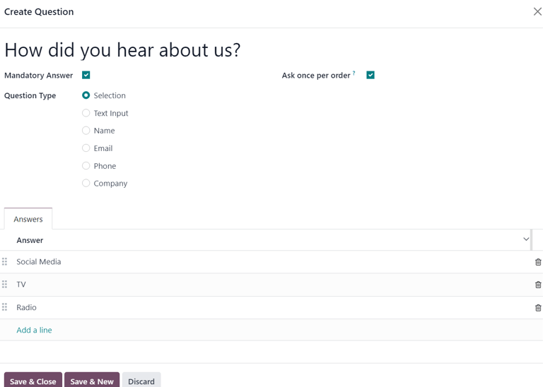 La ventana emergente Crear preguntas que aparece en la aplicación Eventos de Odoo.