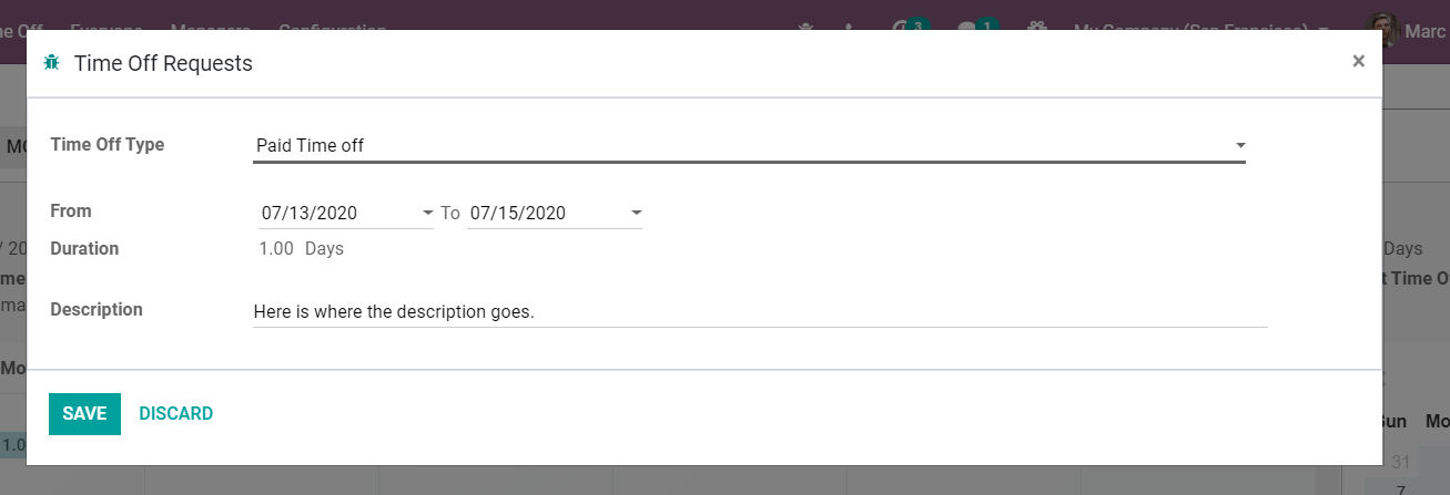 Vista del formulario de solicitud de permiso en la aplicación Vacaciones de Odoo.