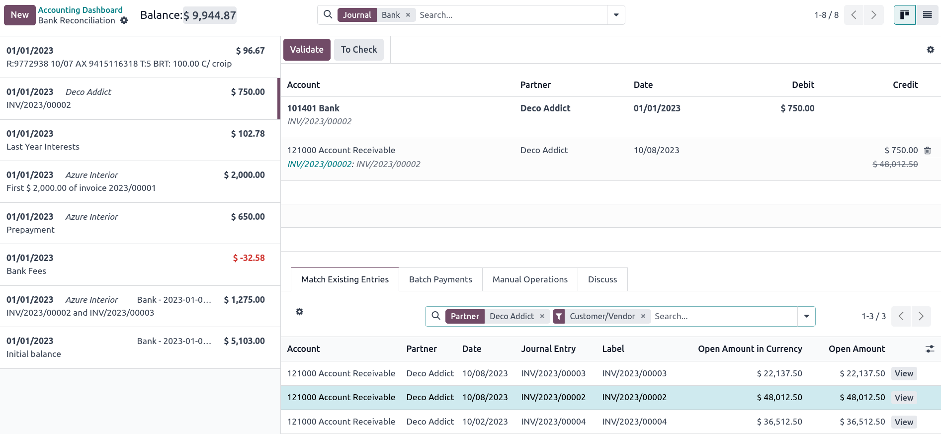 Antarmuka user dari tampilan rekonsiliasi jurnal bank.