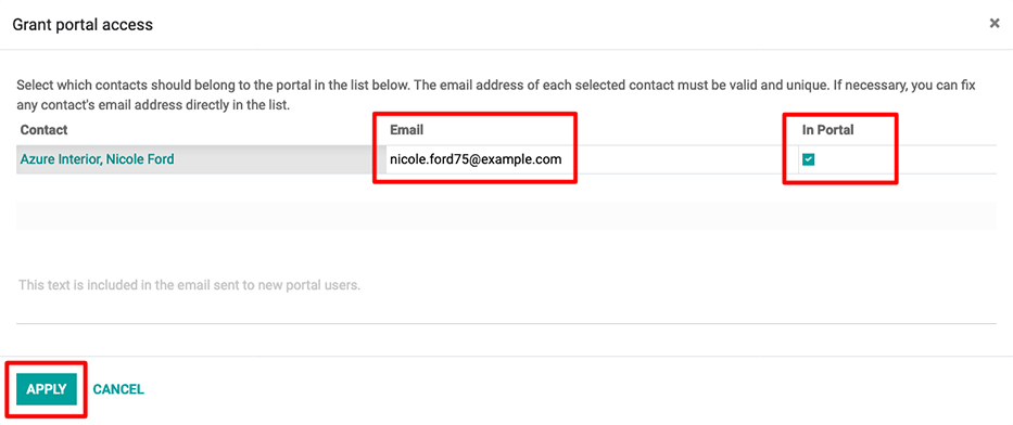 È necessario inserire un indirizzo e-mail e spuntare la casella corrispondente del contatto prima di inviare l'invito al portale.