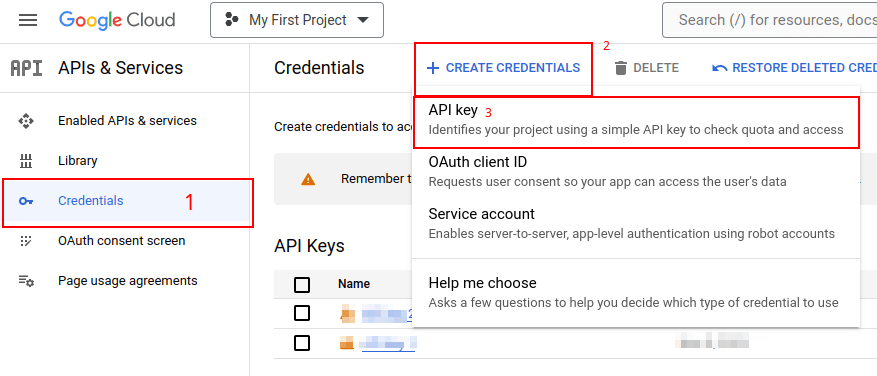 Creazione di una chiave API nella console Google API.