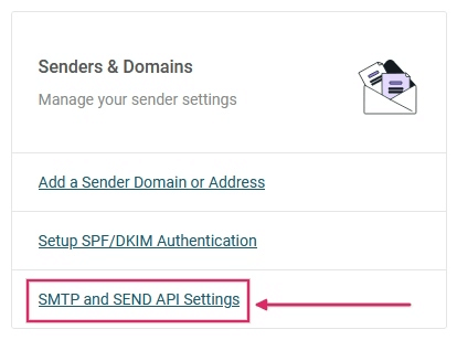 Link impostazioni SMTP e SEND API nella sezione Mittenti e domini di Mailjet.