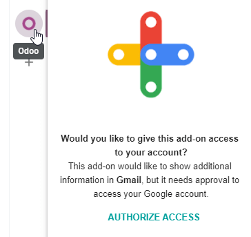 Il pulsante Autorizza accesso nella barra laterale di destra del pannello del plug-in Odoo.