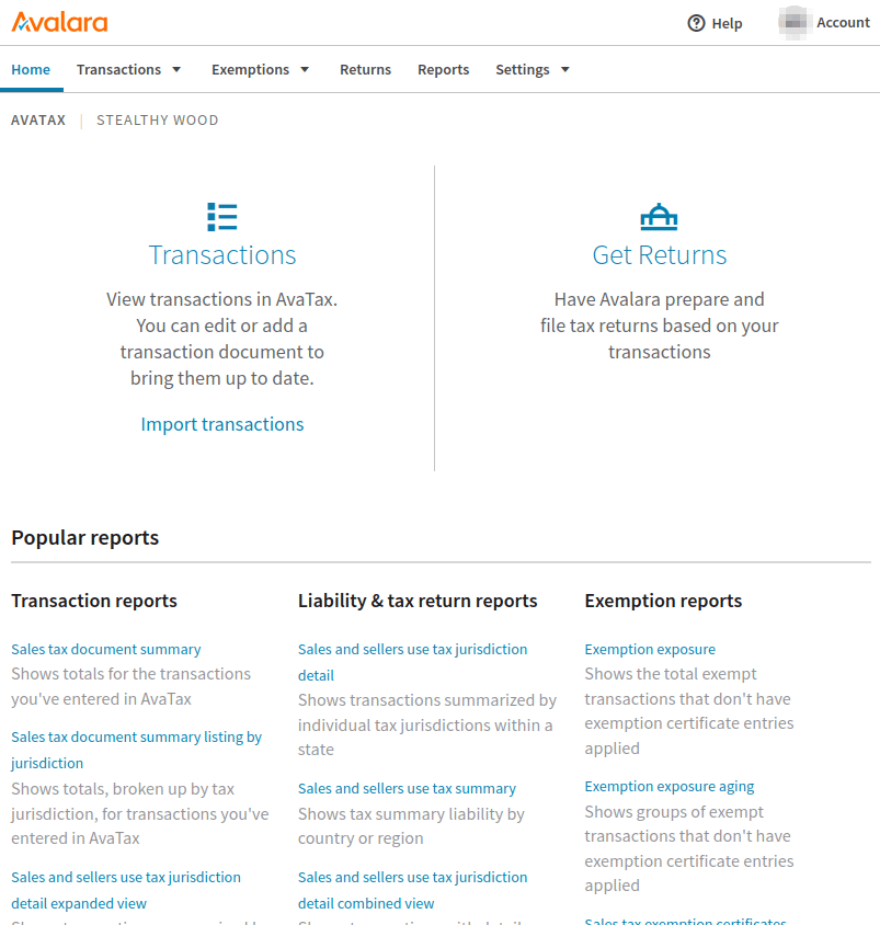 Dashboard Avalara dopo l'accesso al portale di gestione.