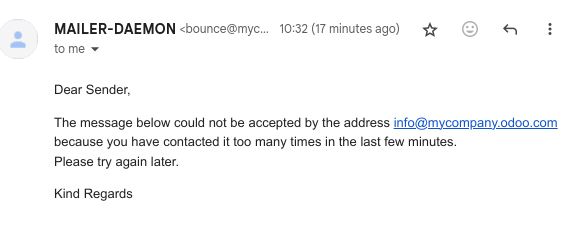E-mail di rimbalzo ricevuta dopo aver provato a contattare un alias troppe volte.