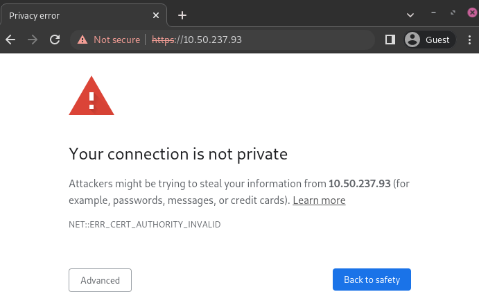 Pagina di avviso sulla privacy della connessione su Google Chrome