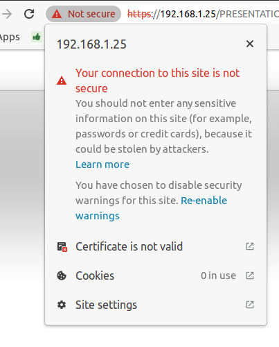 Pulsante connessione alla stampante non sicura nel browser Google Chrome.