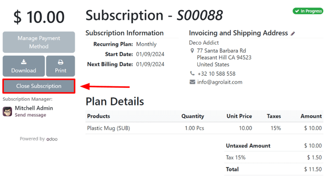 Il pulsante Chiudi abbonamento nella vista del cliente di un ordine di vendita in Odoo Abbonamenti.