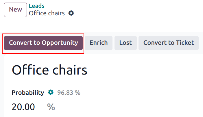 Pulsante crea opportunità sul record di un lead.