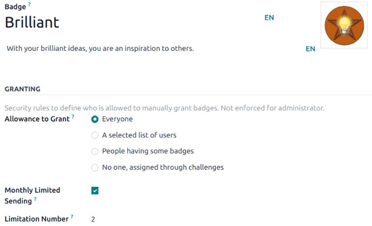 La pagina dettagli di un nuovo badge.