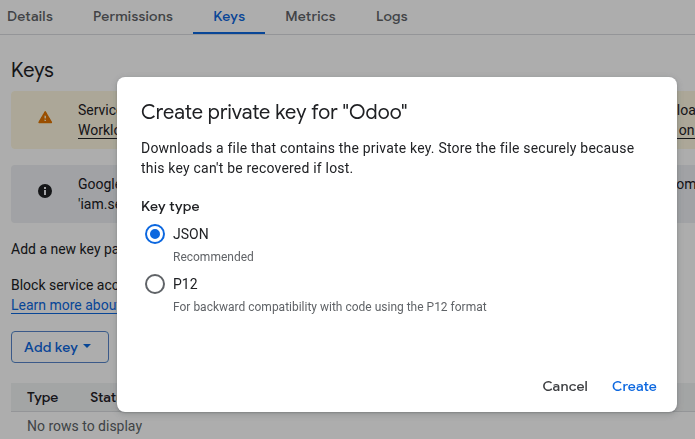 Creare una chiave JSON per un account di servizio Google Cloud