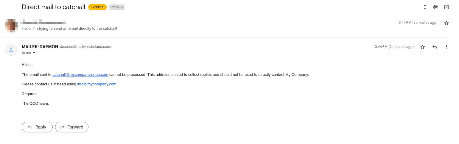 E-mail respinta da "MAILER-DEAMON" che spiega come contattare il database.