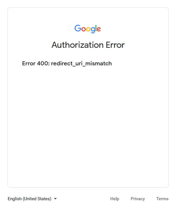 Errore 400 Redirect URI Mismatch.