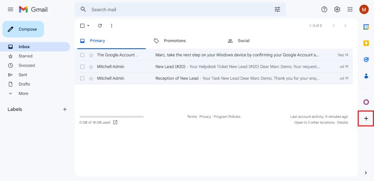 Icona segno più nel pannello laterale posta Gmail.