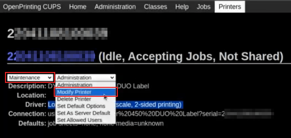 Modifica i campi make e model della DYMO LabelWriter. I menu a tendina Manutenzione e Modifica sono evidenziati.