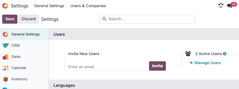 Vista pagina impostazioni che mette in risalto Il campo gestisci utenti in Odoo.