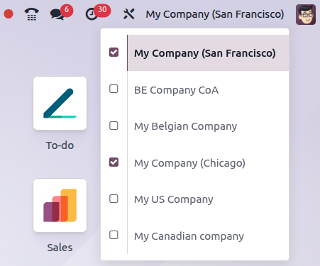 Vista del menu delle aziende nella dashboard principale in Odoo.