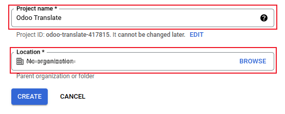 Nome e ubicazione progetto per Google OAuth.