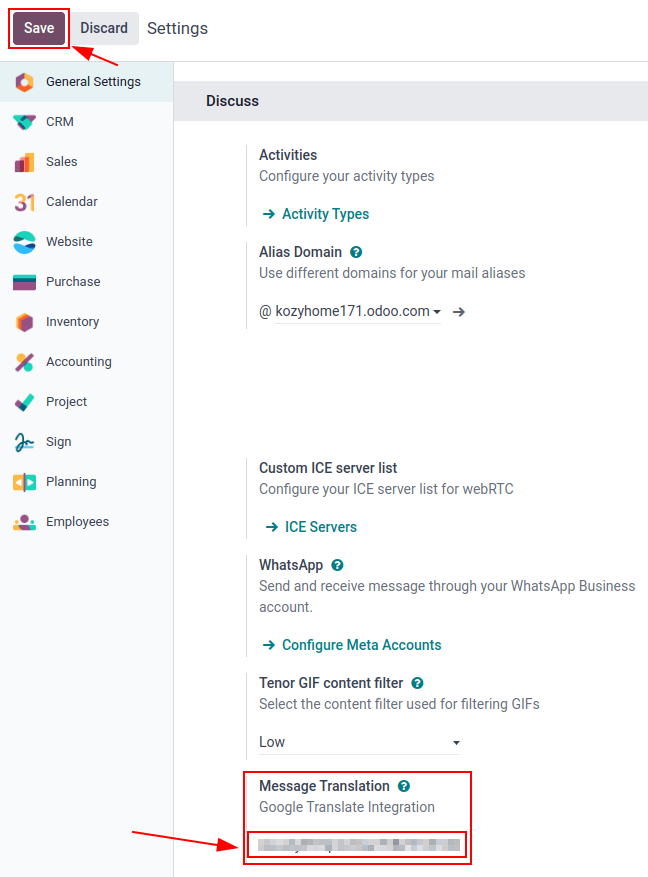 Configurazione Odoo della chiave API dalla *Google API Console*.