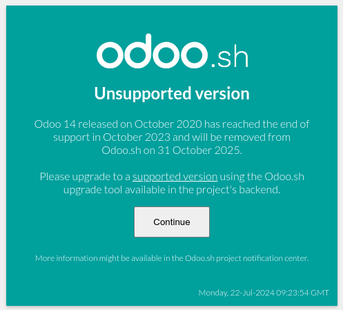 Popup "versione non supportata" su Odoo.sh.