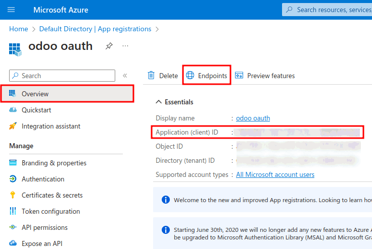 Credenziali ID applicazione e OAuth 2.0 authorization endpoint (v2). 