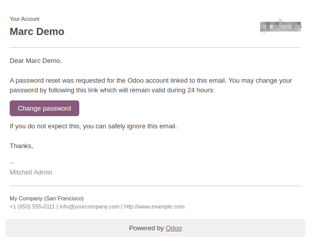 Esempio di e-mail con un link per la reimpostazione della password per un account Odoo.