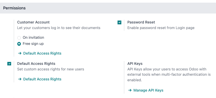 Attivazione reset password nelle impostazioni di Odoo.