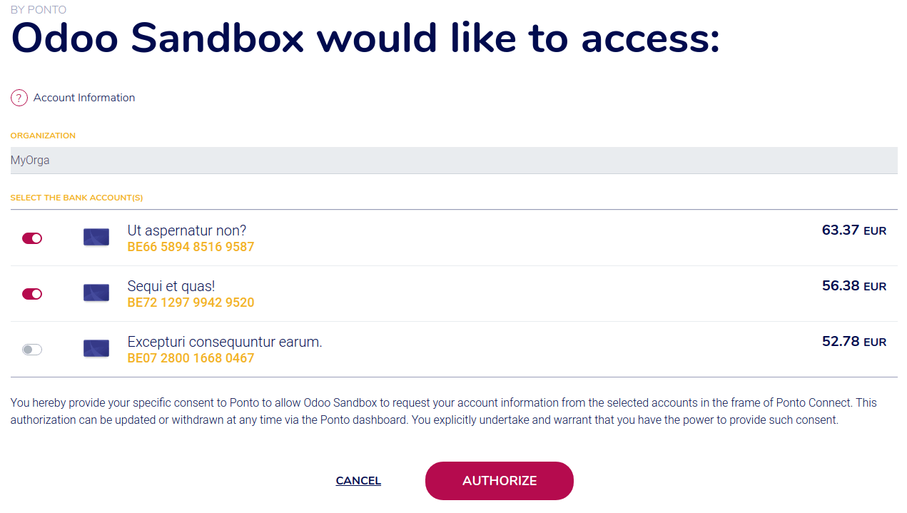 Selezione degli account che vuoi sincronizzare con Odoo.