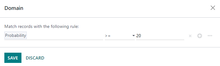 Dominio team vendita impostato su una probabilità maggiore di o uguale al venti percento.