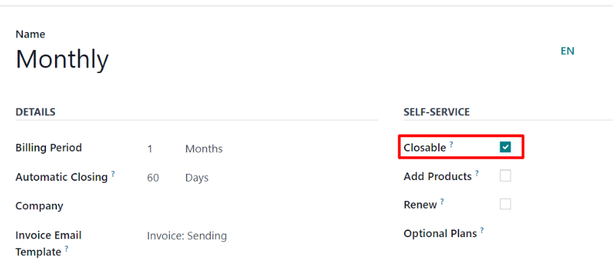 L'opzione Chiudibile in un modulo piano ricorrente in Odoo Abbonamenti.
