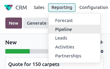 Apri l'app CRM e fai clic sulla scheda Rendicontazione nella parte superiore e poi su Pipeline.