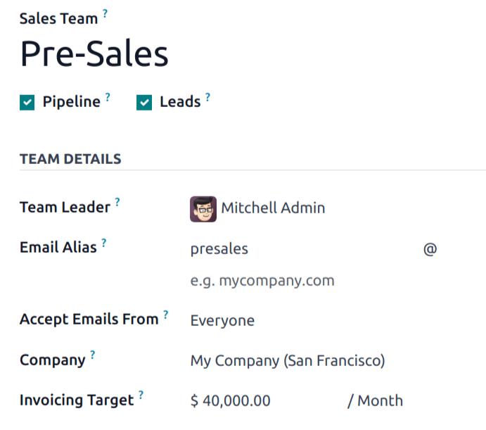 La pagina di configurazione di un nuovo team di vendita.