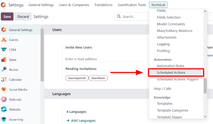 L'opzione azioni programmate sotto il menu tecnico nell'app Odoo Impostazioni.