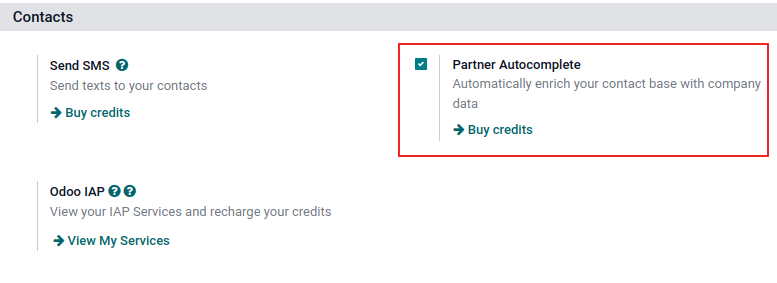 Visualizzazione della pagina delle impostazioni e delle attivazioni della funzione in Odoo.